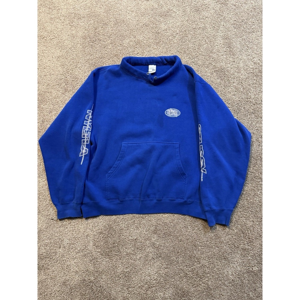 Vintage 90s Stussy NYLTLA Globe Sweatshirt XL Blue USA Flawed Cut Hood